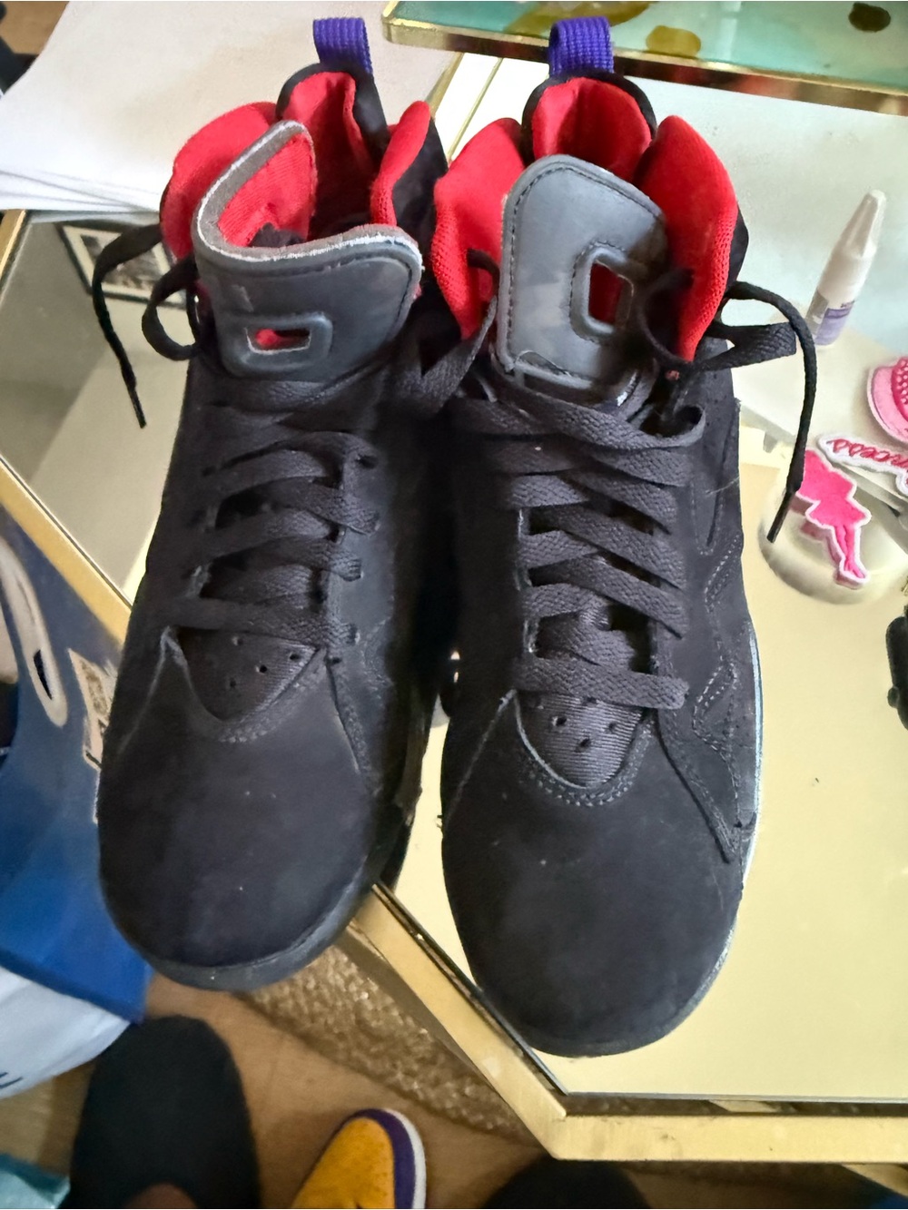 Jordan Kids Black High-Top Sneakers with Red Lining and Purple Heel Pull